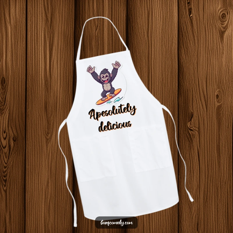 Funny Gorilla Surfer Apron: A joyful gorilla celebrates victory on a surfboard, ready to add humor to kitchen adventures.