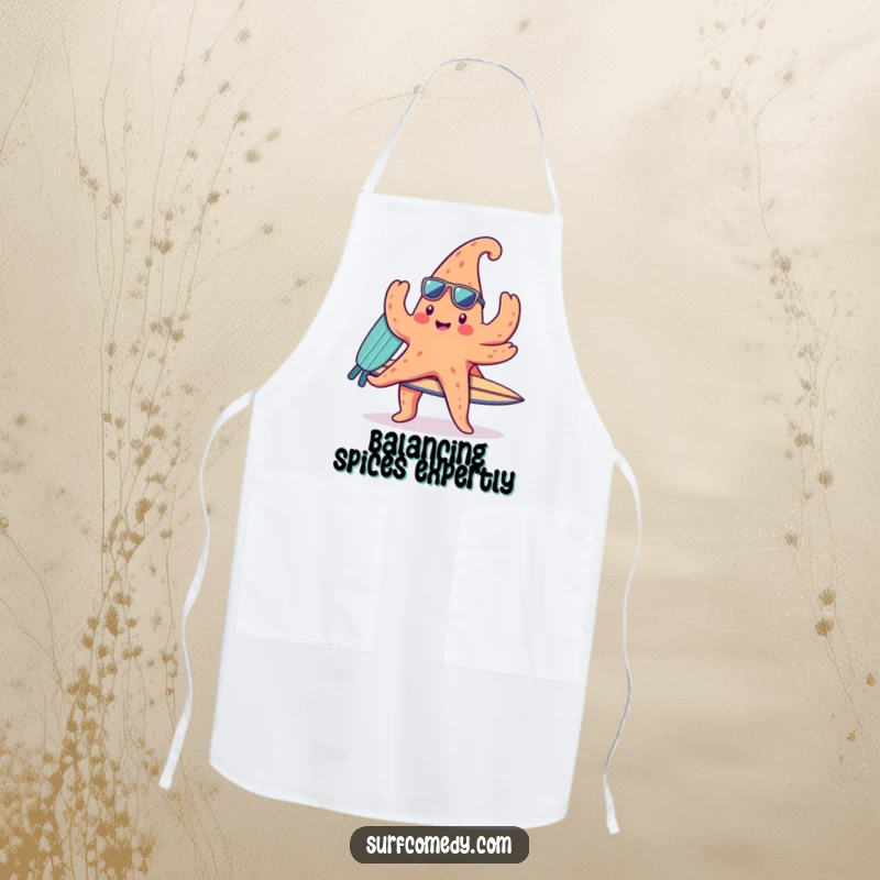 Funny apron depicting a cute kawaii starfish character balancing a surfboard on its arms, ideal for beach-themed cooking and kitchen fun.