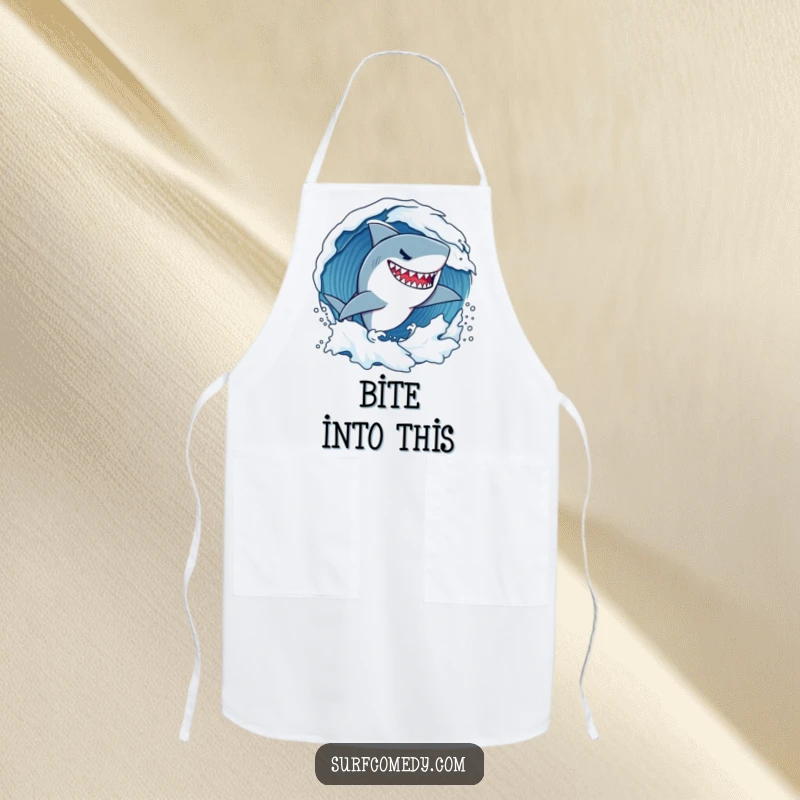 Funny determined shark character fiercely carving through a wave with a confident grin, a humorous and practical apron for chefs.