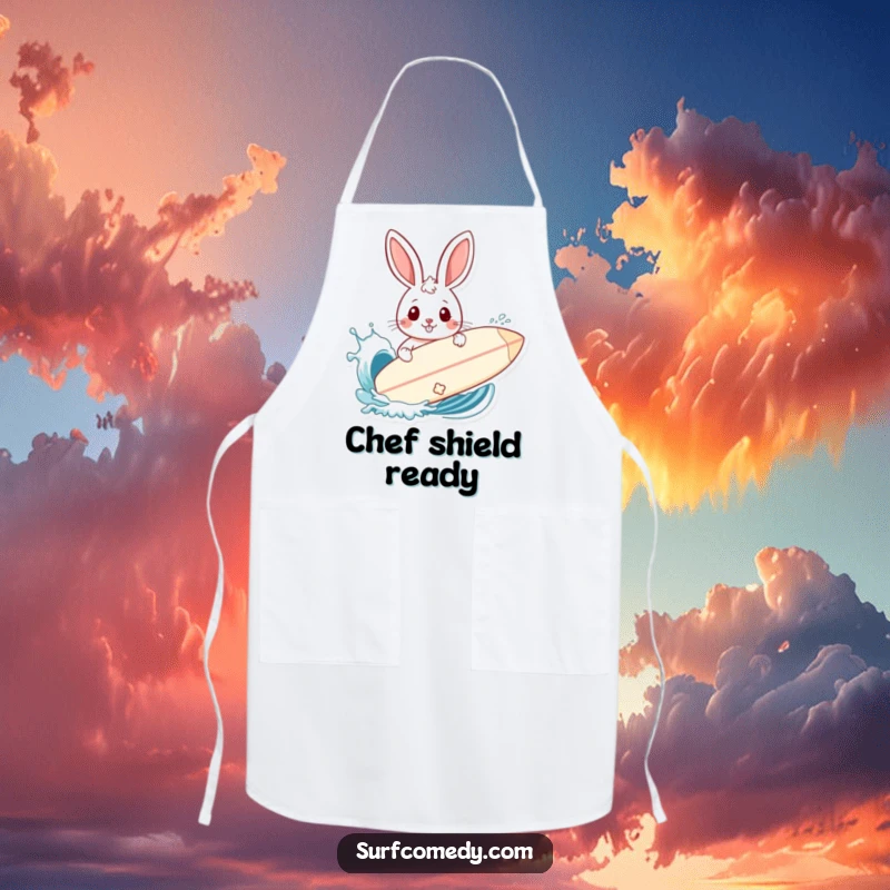 Funny apron showing a rabbit using a surfboard as a shield against playful splashes, keeping the kitchen clean.