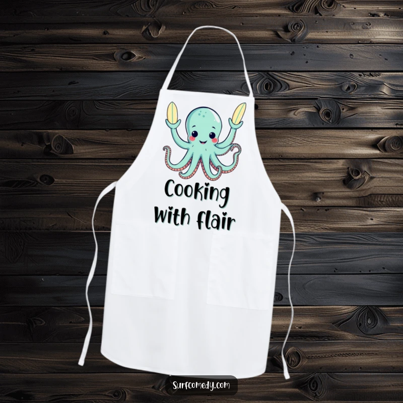 Funny chef apron with a happy octopus juggling three surfboards with its tentacles, ready for cooking.