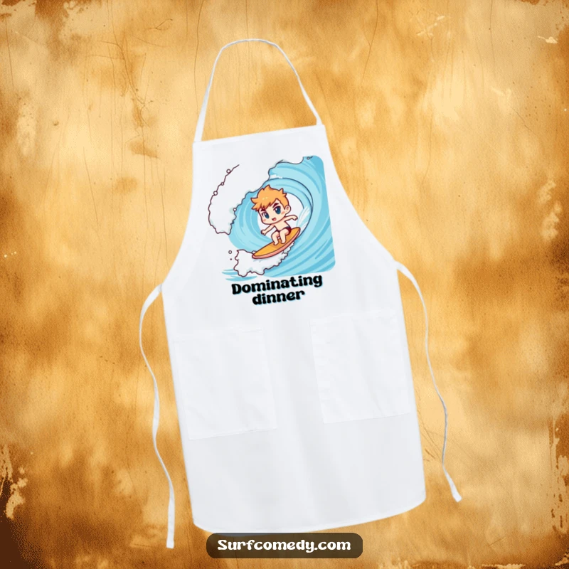 Funny Kawaii character apron depicting determined surfing on a giant wave, a great funny gift for cooks.