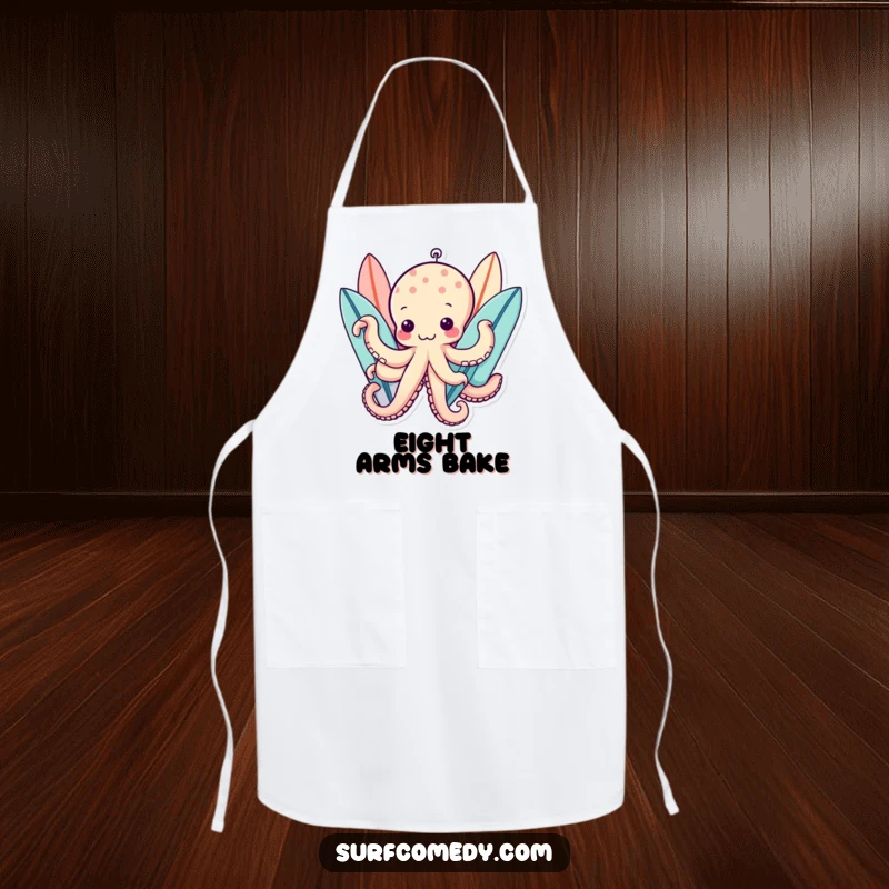 Funny kawaii octopus character holding multiple surfboards with tentacles, great funny kitchen apron.
