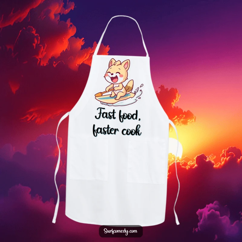 Funny apron with an excited animal paddling furiously and a surfboard behind, perfect for a humorous and active kitchen experience.