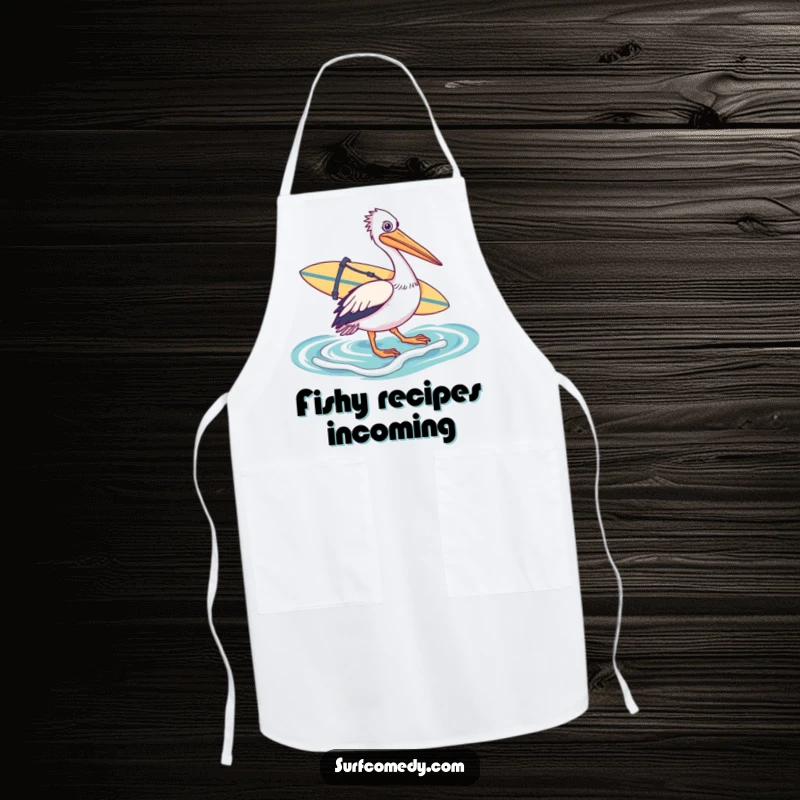 Funny apron with a pelican carrying a surfboard towards the ocean, bringing beachy vibes and humor to kitchen adventures.