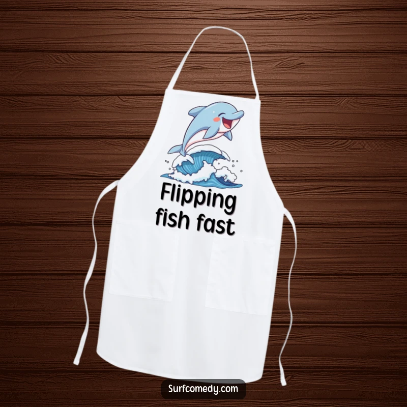 Funny laughing dolphin leaping over a playful wave, depicted on a fun kitchen apron.