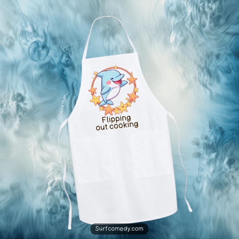 Funny apron depicting a goofy dolphin jumping through a sea star hoop, bringing nautical fun and humor to your kitchen adventures.