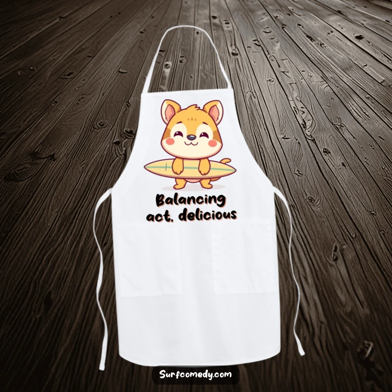 Funny apron with a cheerful animal grinning, balancing a surfboard on its nose, perfect for a humorous and skillful kitchen experience.