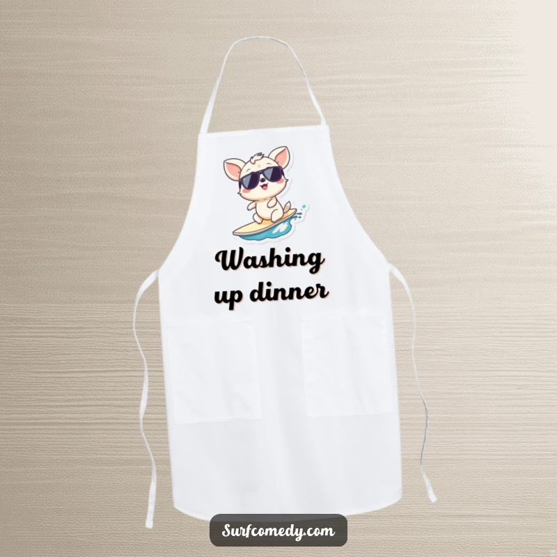 Funny beach BBQ apron, a giggling animal in sunglasses grilling by the beach, a fun and functional funny gift.