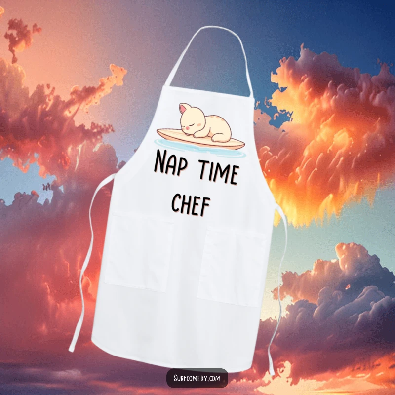Funny apron showing a sleepy animal character peacefully napping on a surfboard in calm waters, ideal for a laid-back cook.
