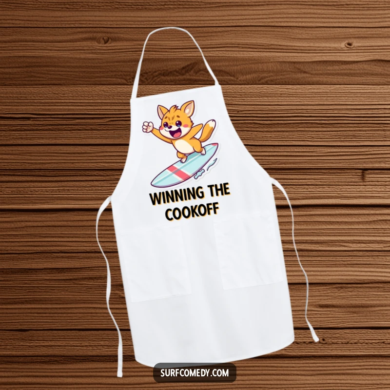 Funny champion chef apron, a triumphant animal surfer grilling or cooking, symbolizing success, a fun and functional funny gift.