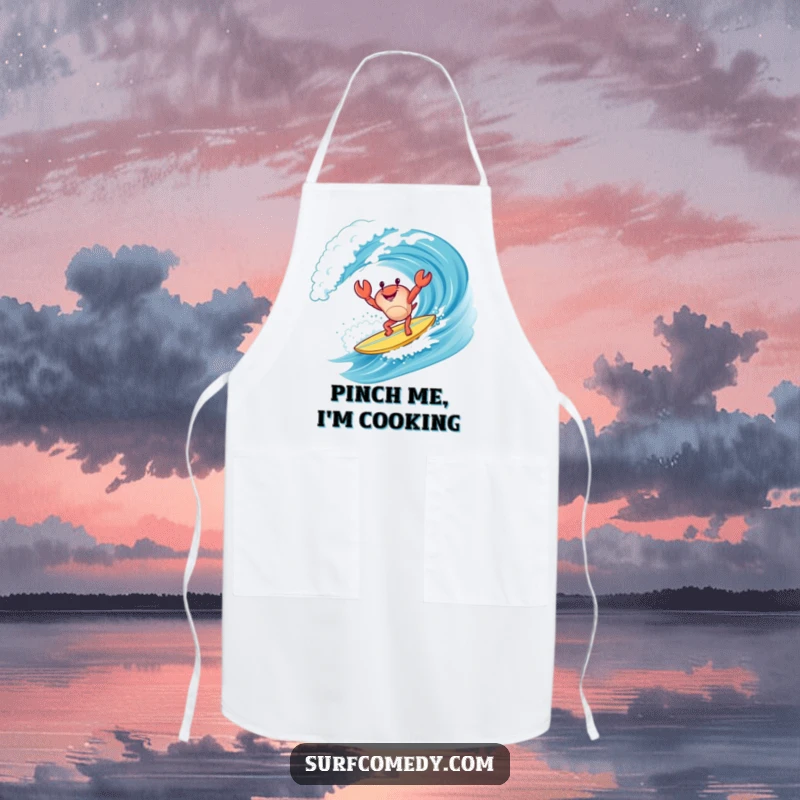 Funny happy crab character doing a handstand on a surfboard while riding a wave, a humorous and practical apron for chefs.