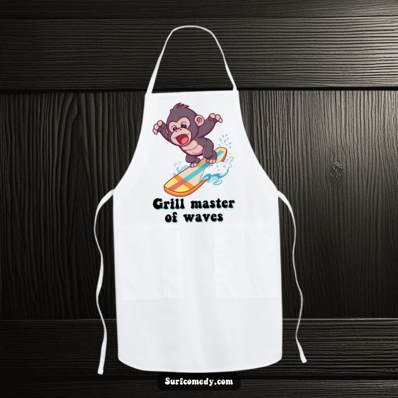 Funny apron showing a cool gorilla diving off a surfboard, perfect for mess-free, joyful cooking sessions.