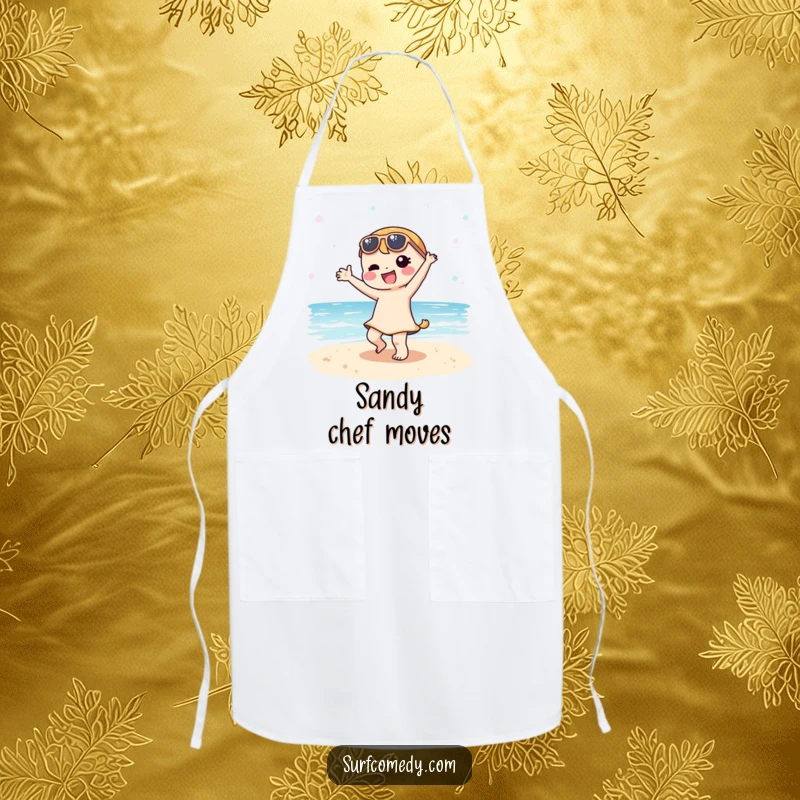 Funny Kawaii character dancing on a sandy beach, featured on a fun and humorous kitchen apron.