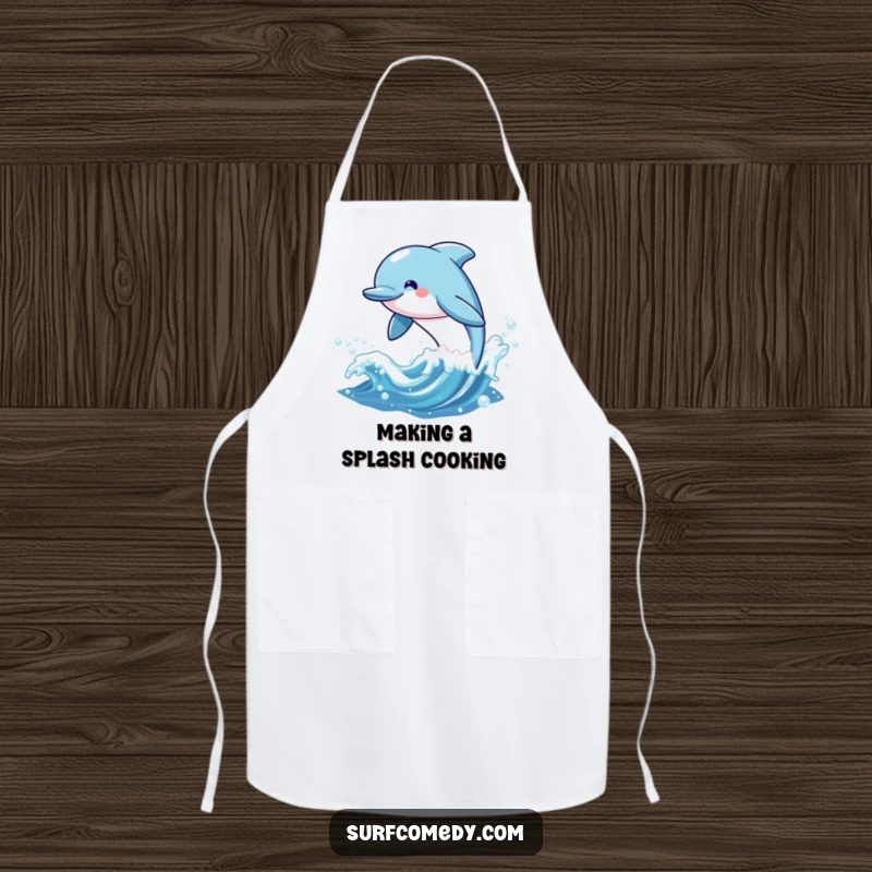 Funny apron depicting a cheerful kawaii dolphin character leaping from a sparkling wave, ideal for joyful cooking and ocean-themed kitchens.