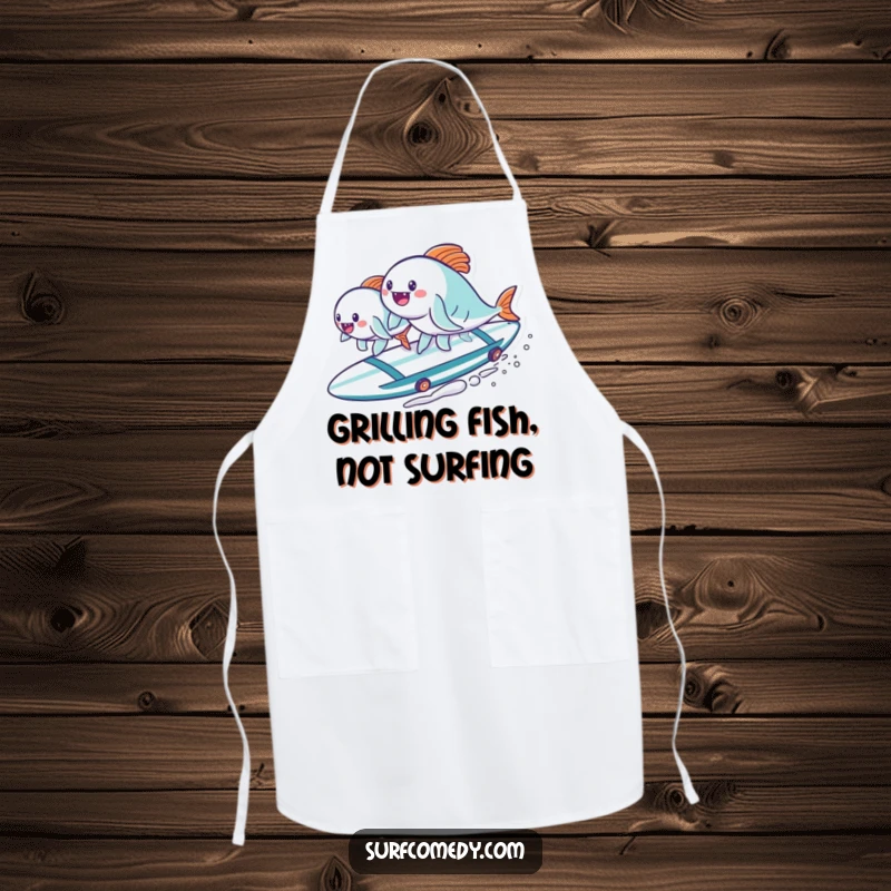 Funny kawaii fish characters surfing on a surfboard, designed for a humorous and protective kitchen apron. Excellent funny gift.