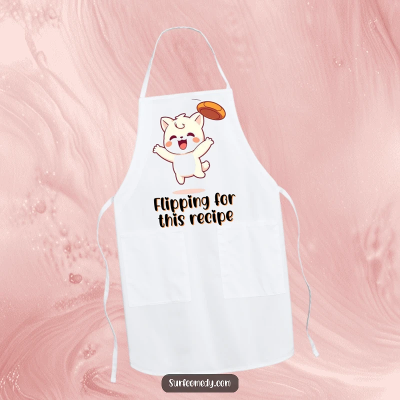 Funny Kawaii apron showing a happy character gleefully catching a frisbee, perfect for adding humor to cooking.