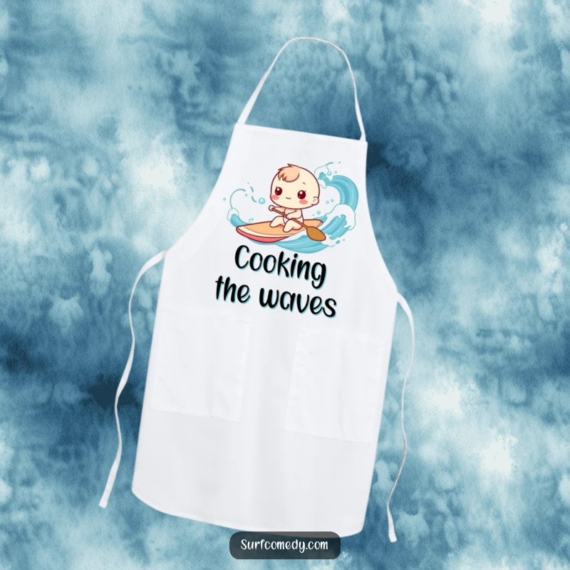 Funny Kawaii character apron depicting playful paddling through stylized ocean waves, a great funny gift for cooks.