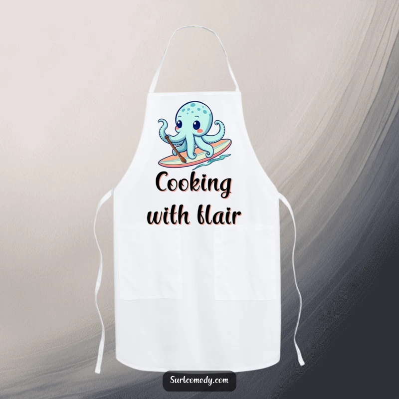 Funny octopus with multiple tentacles ready to cook, designed on a humorous and functional chef apron. Great funny gift.