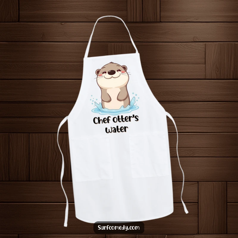 Funny cooking apron with a sea otter with a wide grin, sliding down a water spray, ready for the kitchen.