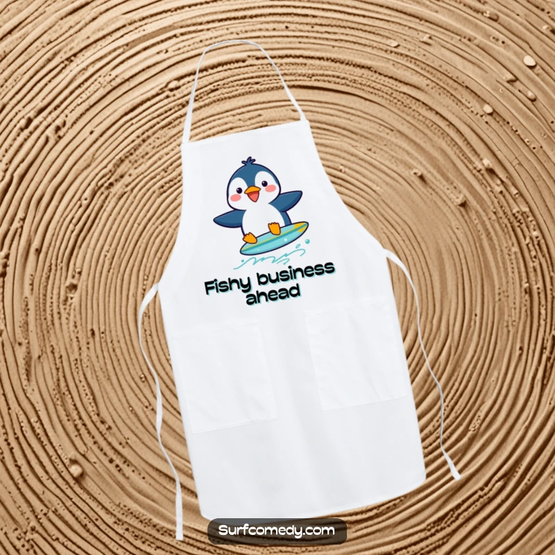 Funny penguin character attempting to surf, ready to protect from spills on a cheerful apron.