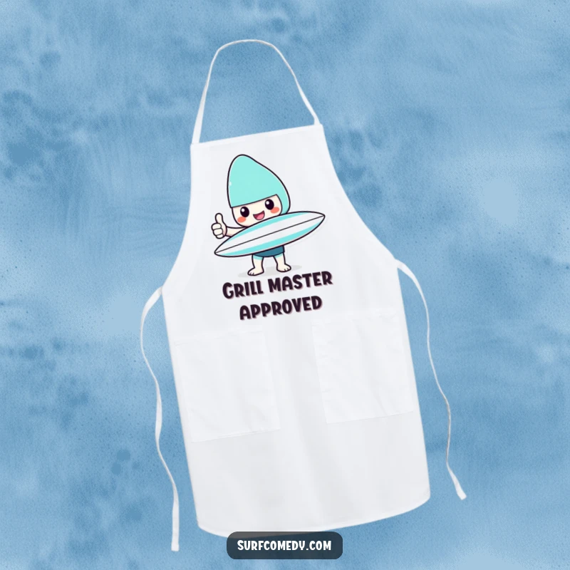 Funny Kawaii character apron with surfboard giving a cheerful thumbs up, a great funny gift for cooks.