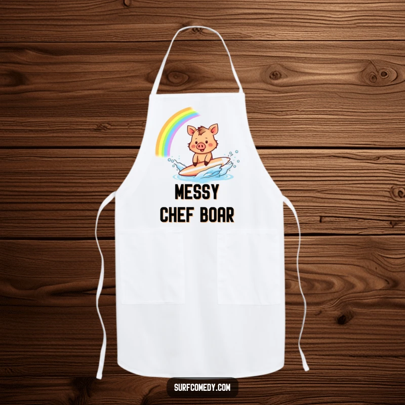 Funny Boar Surfer Apron: A tiny boar creates a rainbow splash while surfing, ready to add whimsical humor to kitchen tasks.