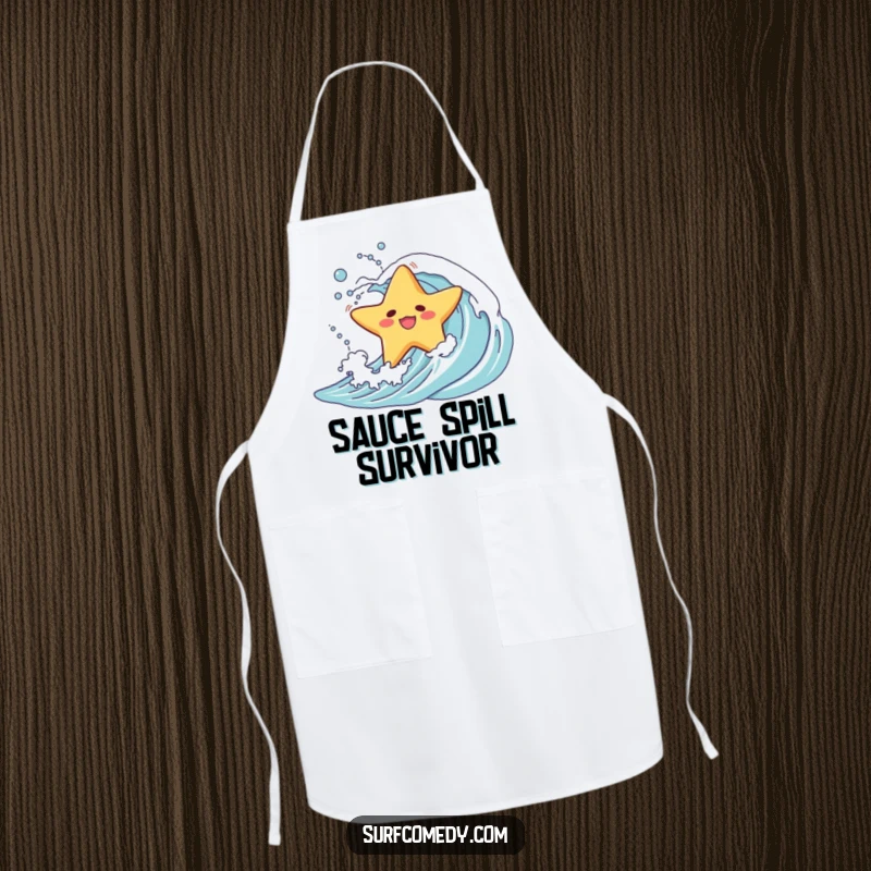 Funny apron showing a starfish character's comical wipeout on a wave, adding fun to kitchen activities.