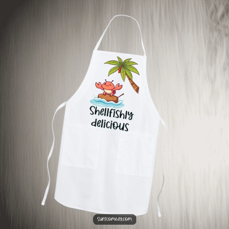 Funny apron showing a Kawaii crab character surfing a coconut, perfect for adding whimsical fun to the kitchen.