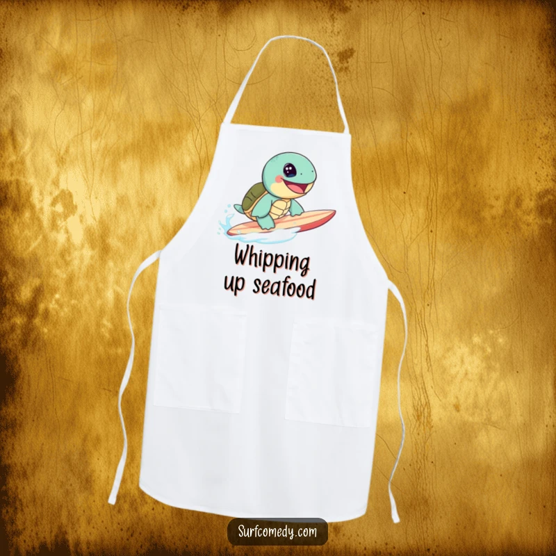 Cute sea turtle character with a huge grin surfing a surfboard, depicted on a fun kitchen apron.