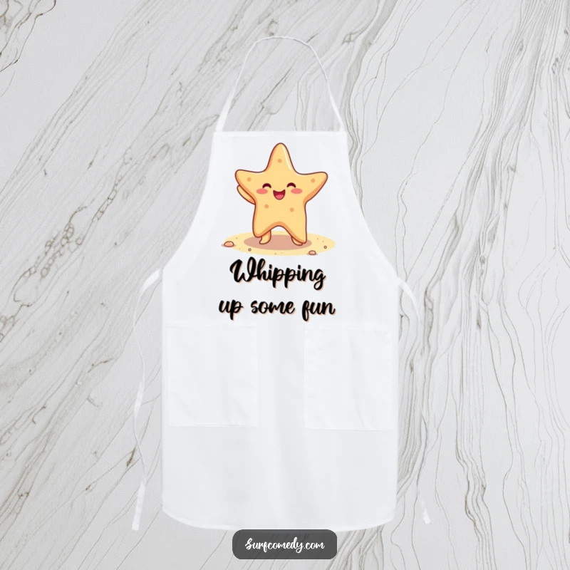Funny apron depicting a cheerful starfish dancing on a sandy beach, adding humor to kitchen tasks.