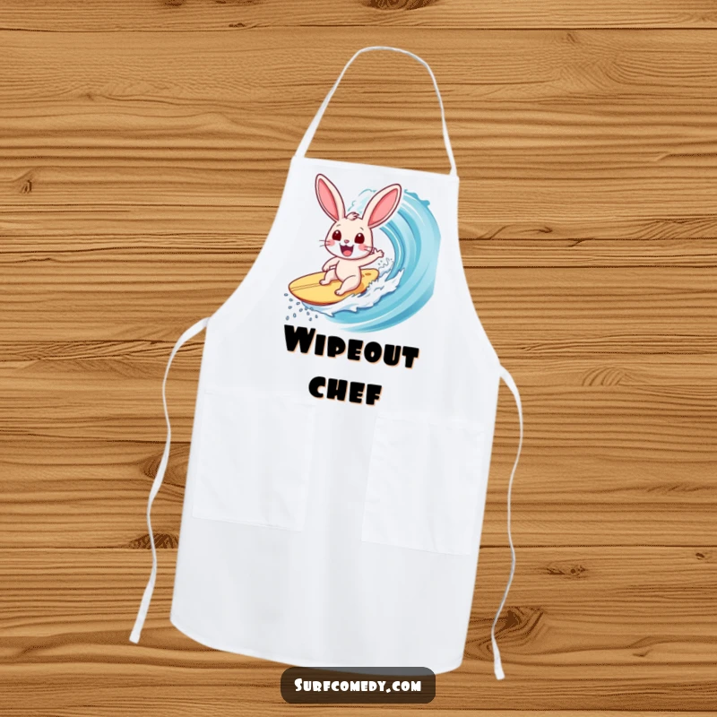 Funny Surfer Rabbit Apron: Features a rabbit gleefully surfing a massive wave, ready to add humor to kitchen adventures.