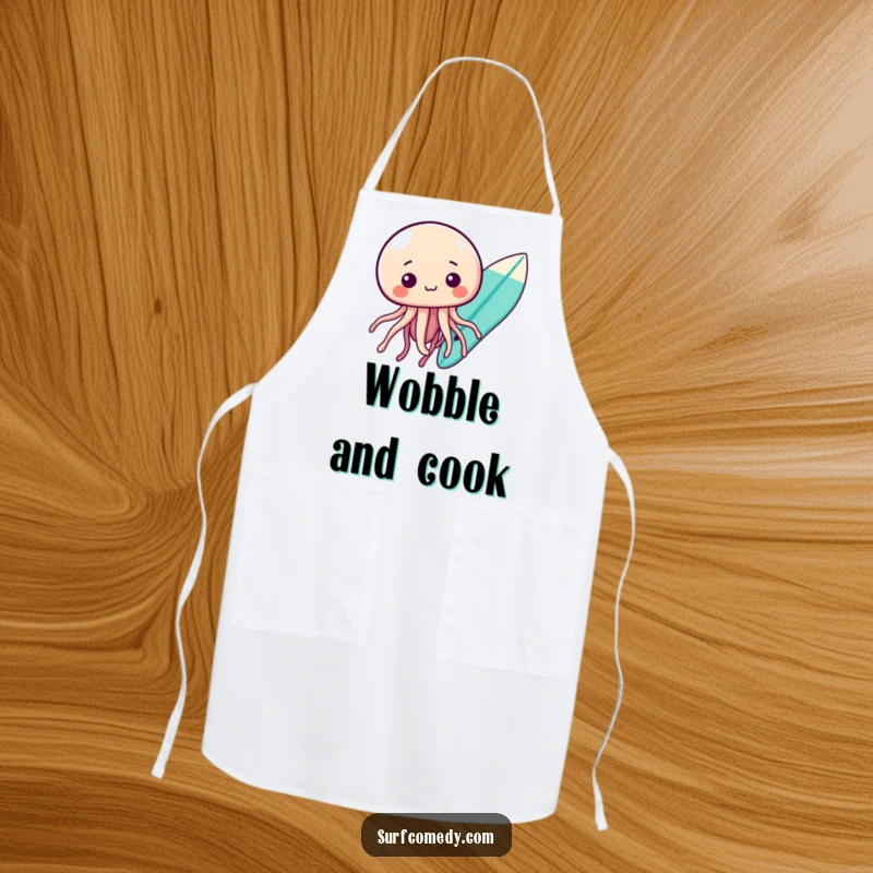 Funny kawaii jellyfish character curiously floating near a surfboard, durable and funny apron.