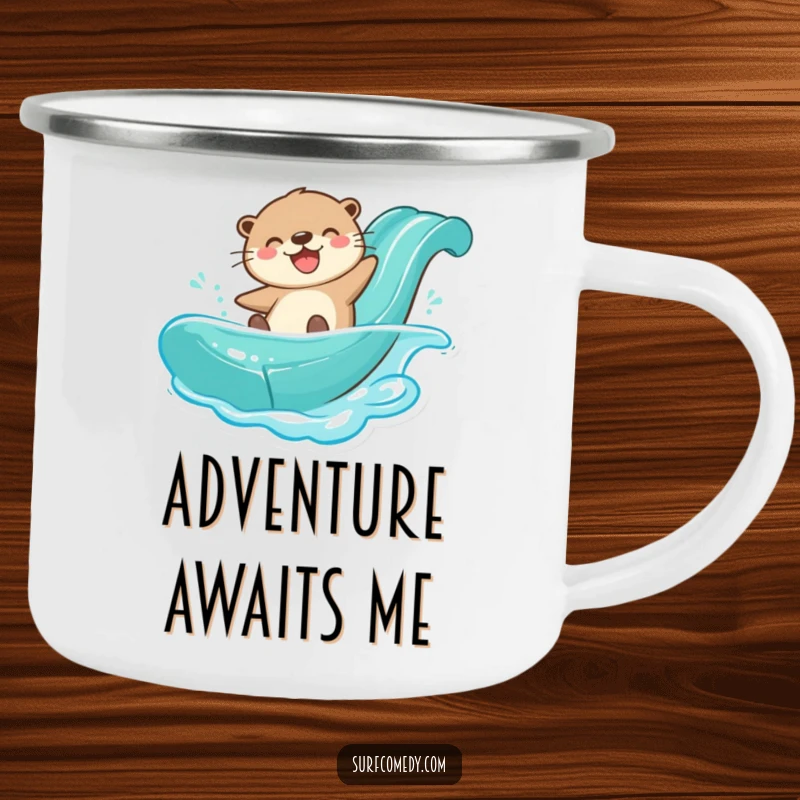 Funny otter character sliding down a water slide, designed for a sturdy and humorous camping mug.