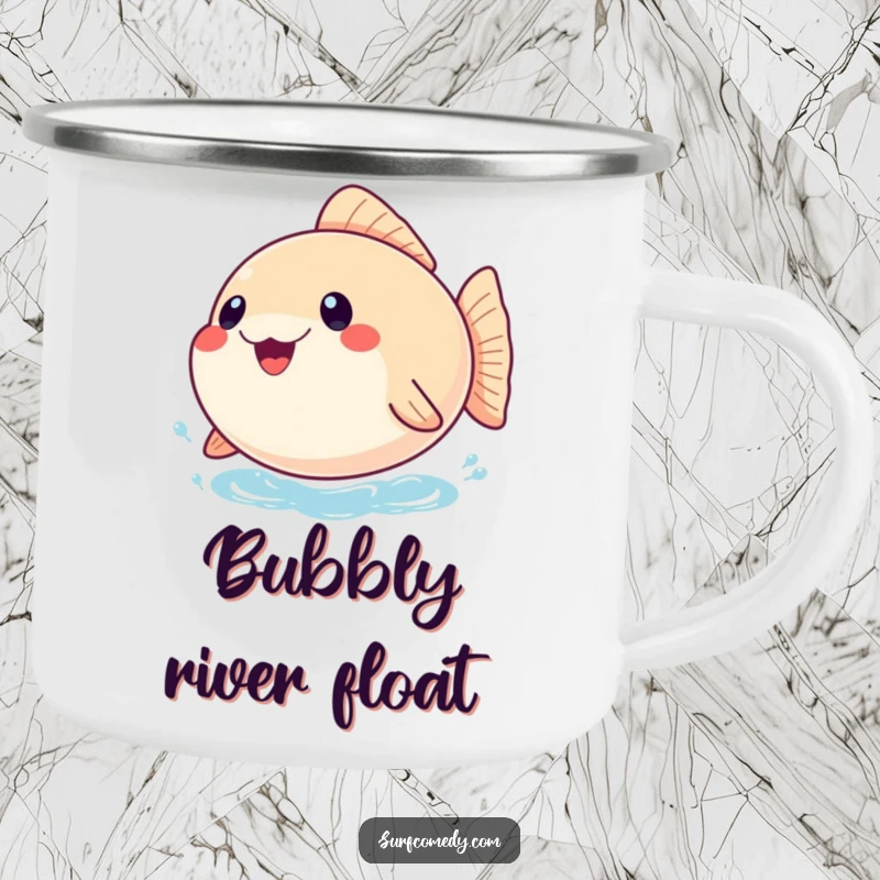 Funny camping mug featuring a joyful, inflated pufferfish bobbing on the water, designed for outdoor enthusiasts who appreciate aquatic cheer.