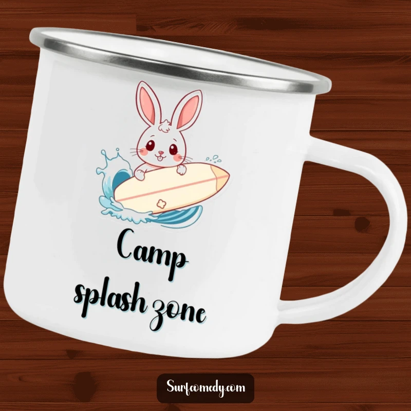 Funny enamel camping mug featuring a rabbit using a surfboard to shield itself from a playful wave splash.