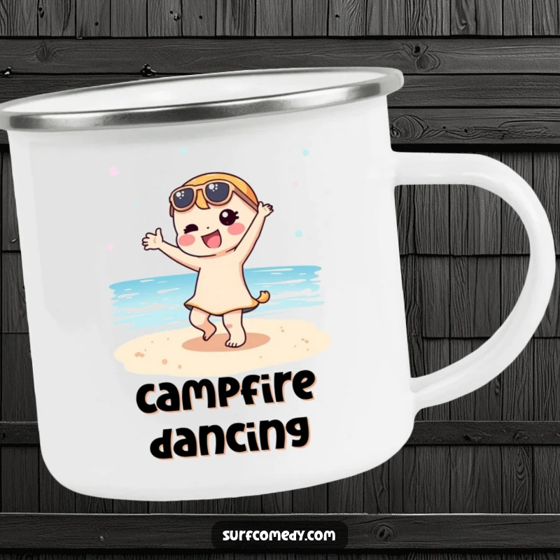 Funny Kawaii character dancing on a sandy beach, perfect for an enamel camping mug, adding outdoor cheer.