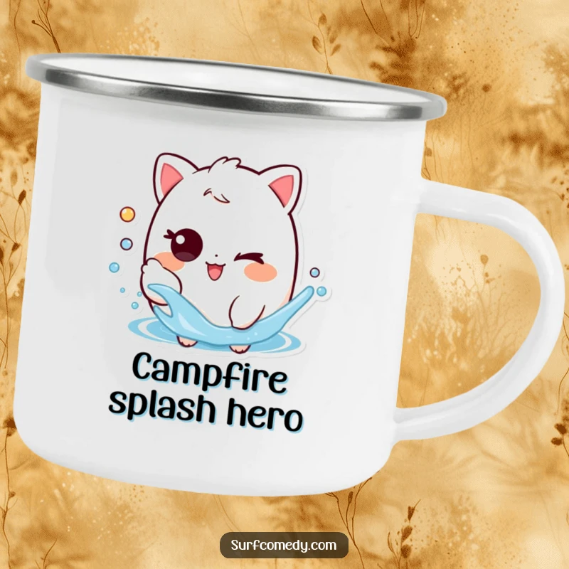 Funny camping mug with a playful character's mischievous wink, splashing water, designed for durable outdoor use and fun.