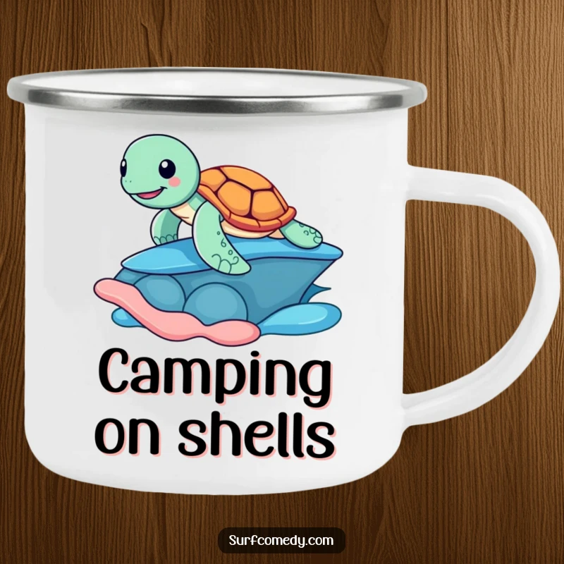 Funny camping mug featuring a cheerful sea turtle surfing on a colorful shell, perfect for outdoor drinks and beachy humor.