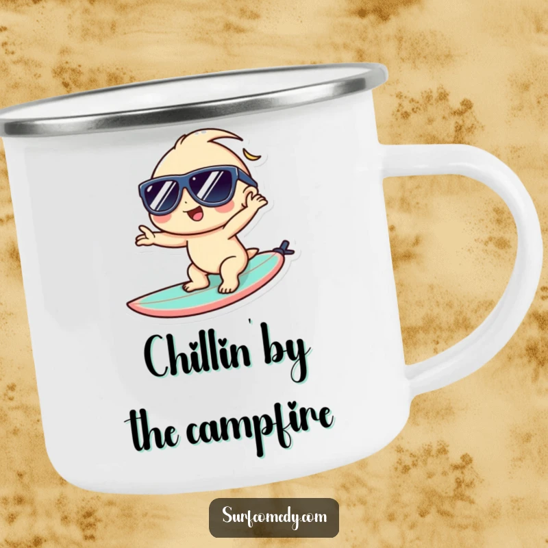 Funny Kawaii camping mug showing a cool character on a surfboard, bringing beach vibes to any campsite.