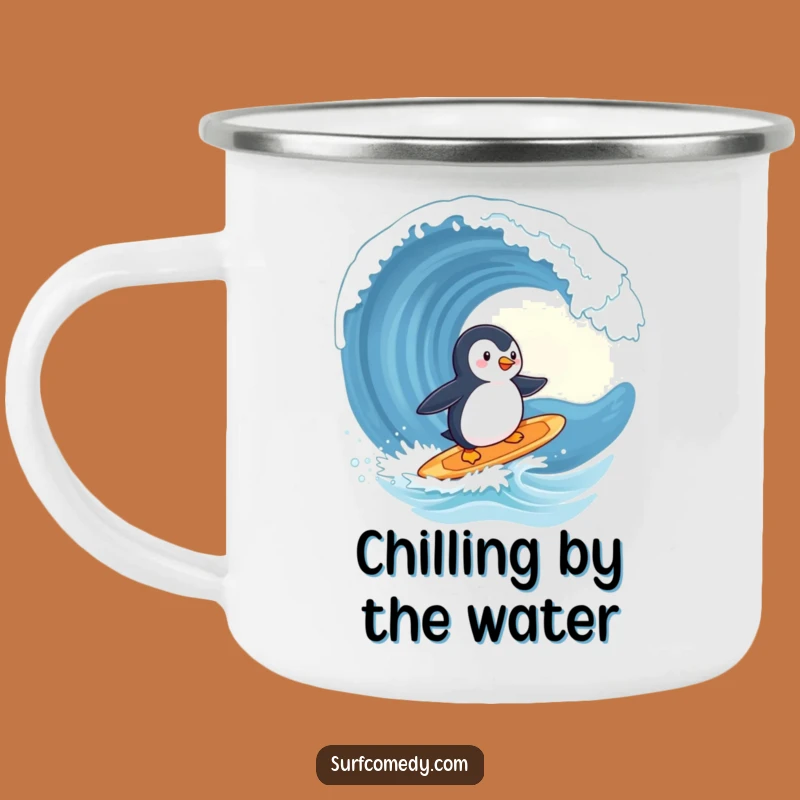 Funny Penguin Surfing Wave Camping Mug - Cute Animal Outdoor Gift!