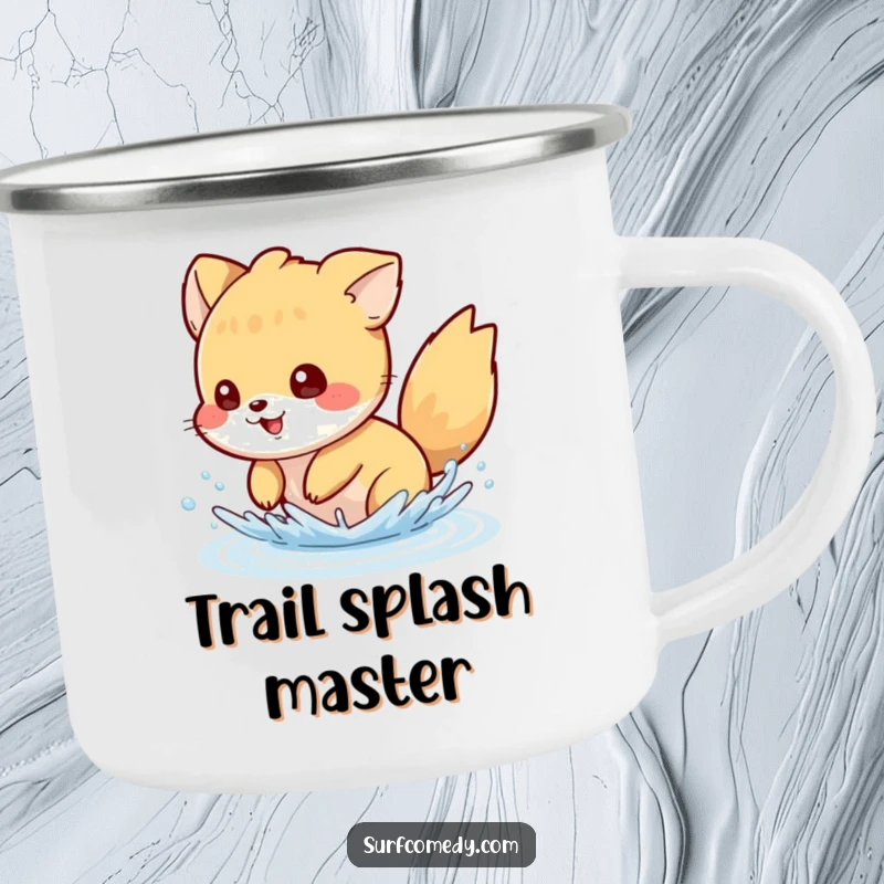 Funny camping mug with a mischievous animal character splashing water with its tail, ideal for outdoor fun and humor.
