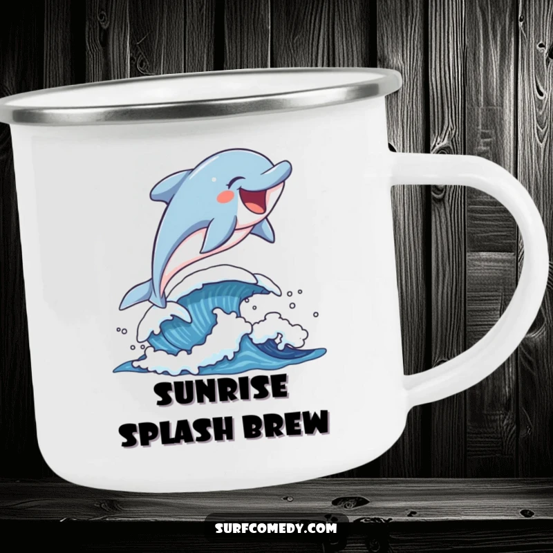 Funny laughing dolphin leaping over a playful wave on a durable camping mug.