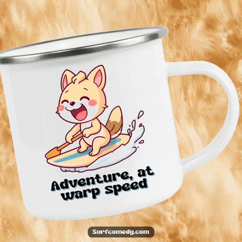 Funny camping mug with an excited animal paddling furiously and a surfboard behind, ready for outdoor fun.