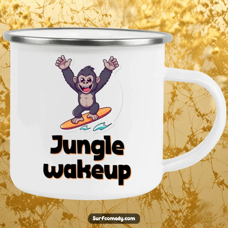 Funny Gorilla Surfer Camping Mug: A joyful gorilla celebrates victory on a surfboard, perfect for outdoor adventures and humor.