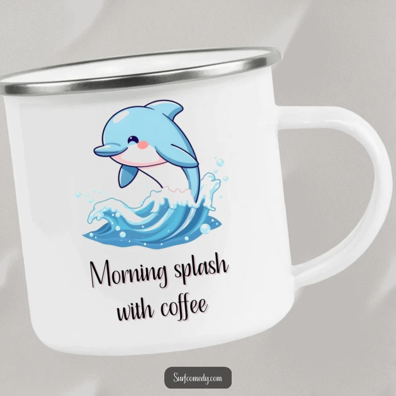 Funny camping mug showing a cheerful kawaii dolphin character leaping from a sparkling wave, perfect for outdoor fun and ocean lovers.