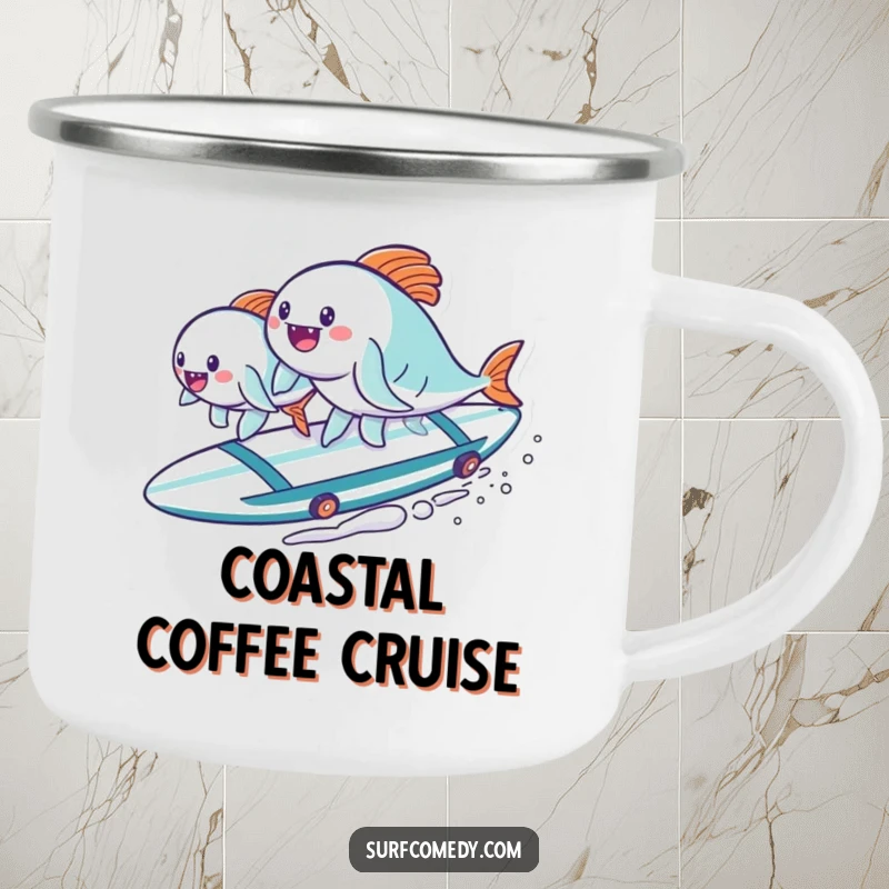Funny kawaii fish characters surfing on a surfboard, designed for an adventurous and humorous camping mug. A great funny gift.
