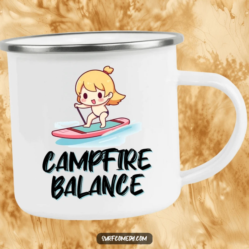 Funny Kawaii character balancing on a paddleboard on an enamel camping mug, perfect for sunny outdoor enjoyment.