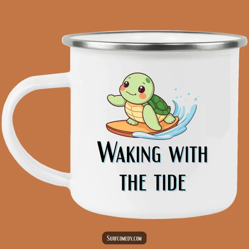 Funny Kawaii Turtle Surfing Enamel Mug, Outdoor Adventure Gift