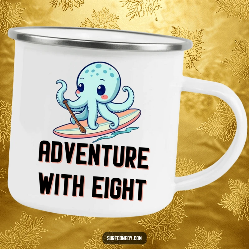 Funny octopus paddling a surfboard on a camping mug, ready for humorous outdoor adventures. A great funny gift.